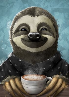 Sloth smilling coffee late